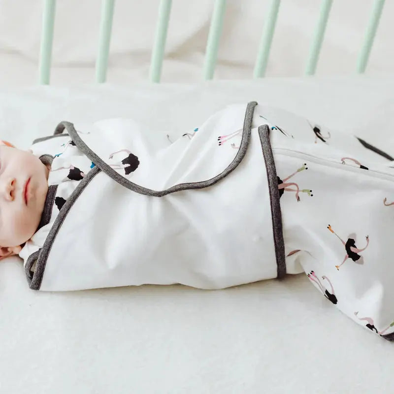 Nest Designs Organic Cotton Swaddle Sleep Bag 1.0 Tog for 0–6M, white with gray trim, baby swaddled securely.