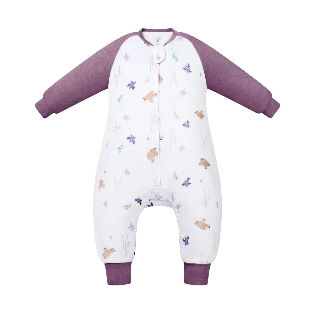 Nest Designs Raglan Bamboo Long Sleeve Footed Sleep Bag 2.5 Tog Snowy Angels; white with purple sleeves and front zipper.