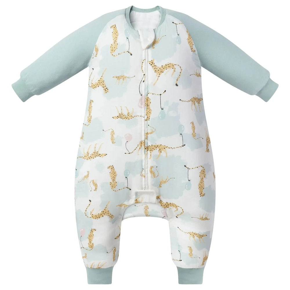 Nest Designs Raglan Bamboo Sleep Bag, long sleeves, footed in cheetah party print with pastel blue sleeves and front zipper.