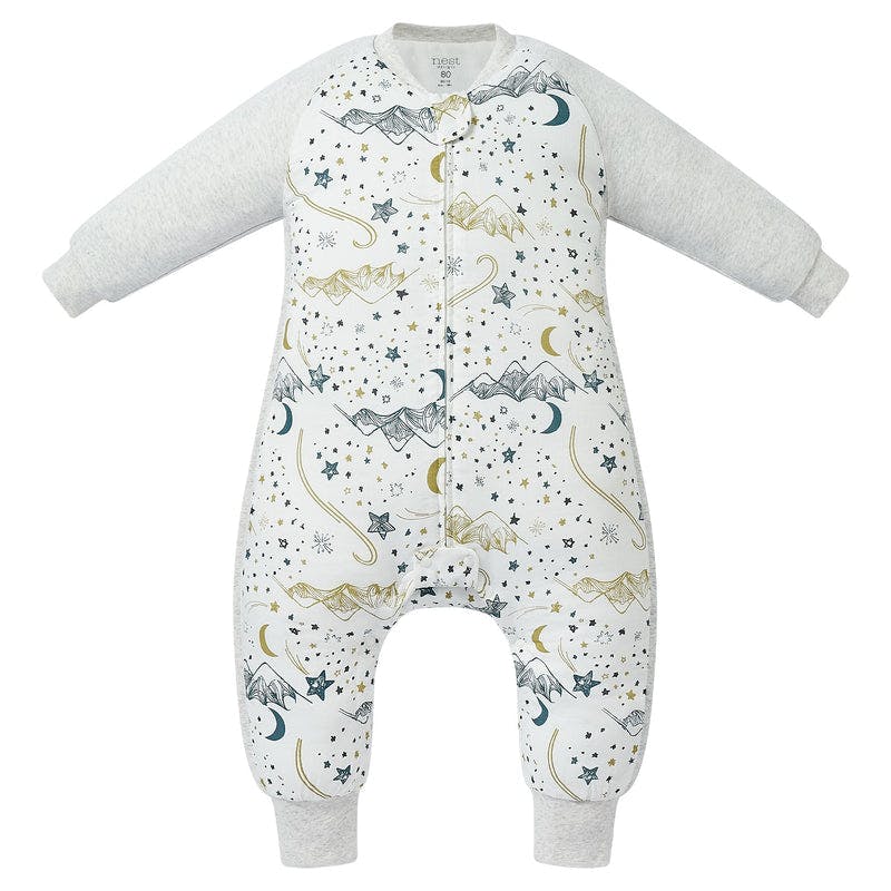Nest Designs Raglan Bamboo Long Sleeve Footed Sleep Bag 2.5 Tog in white with star and moon print, displayed flat.