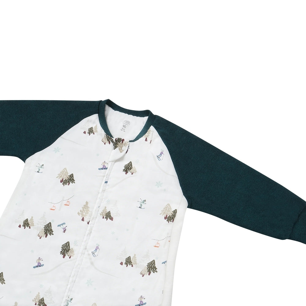 Nest Designs Raglan Bamboo Long Sleeve Sleep Bag, white with forest print and teal sleeves, front-zip