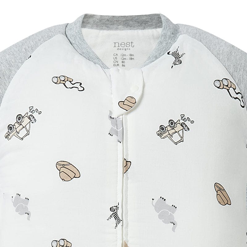 Nest Designs Raglan Bamboo Footed Sleep Bag, white with gray sleeves and safari prints, 2.5 tog, laid flat with front zipper