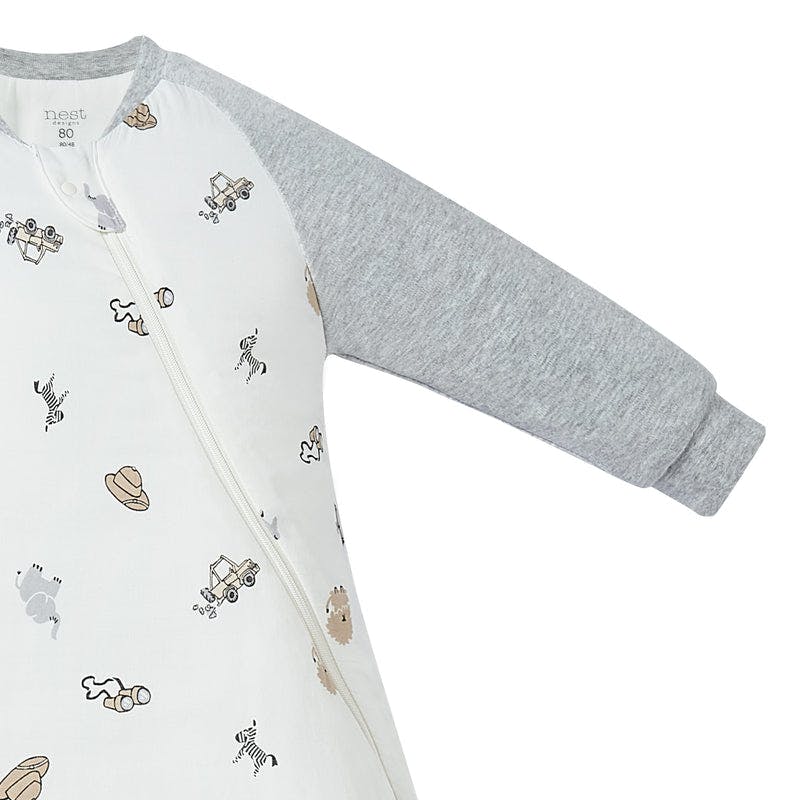 Nest Designs Raglan Bamboo Long Sleeve Sleep Bag in white with grey sleeves, diagonal zipper, animal prints, 2.5 Tog