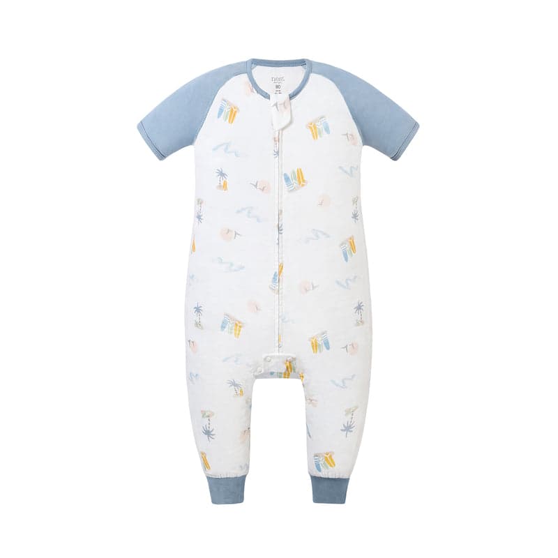 Nest Designs Raglan Bamboo Pima Sleep Bag, pastel wave print with blue sleeves and front zipper.