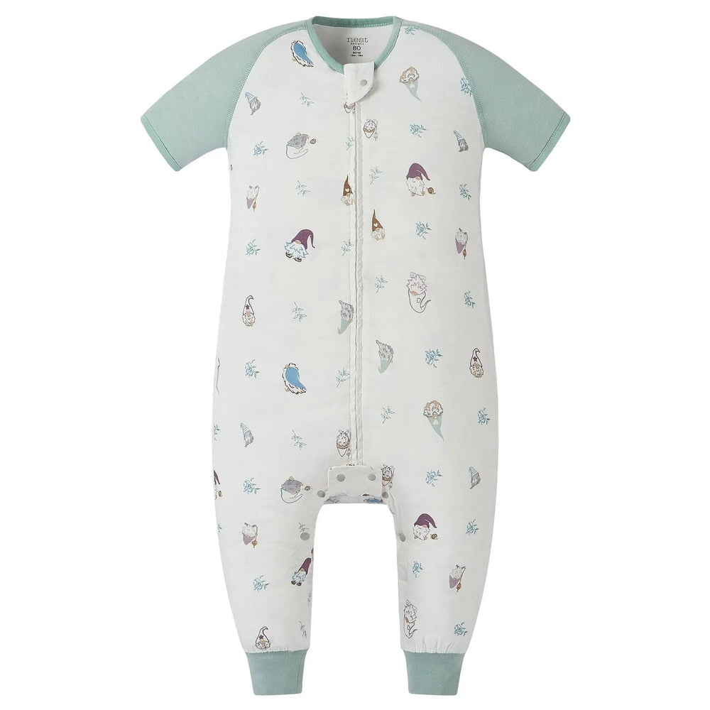 Nest Designs Raglan Bamboo Pima Sleep Bag with mint sleeves, front zip, footed design, gnome print