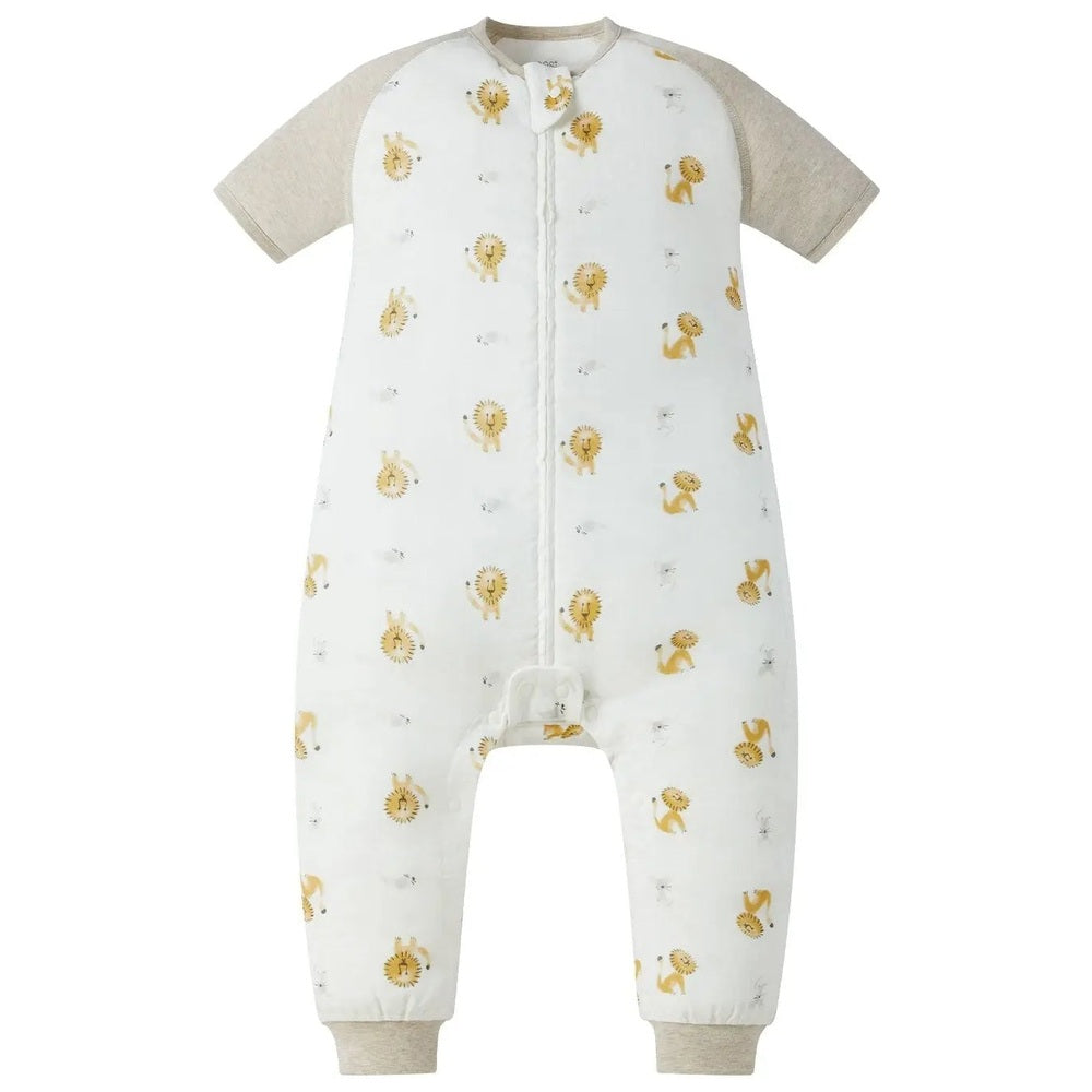 Nest Designs Raglan Bamboo Pima Footed Sleep Bag 0.6 Tog in white with lion and mouse print, laid flat with front zipper.