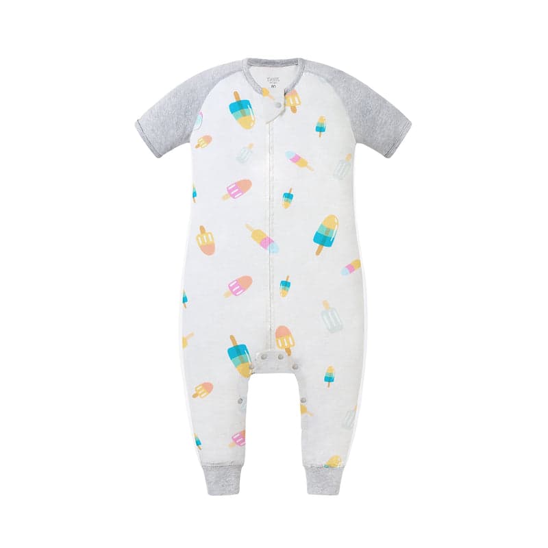 Nest Designs Raglan Bamboo Pima footed sleep bag laid flat with gray sleeves and colorful popsicle print, 0.6 Tog