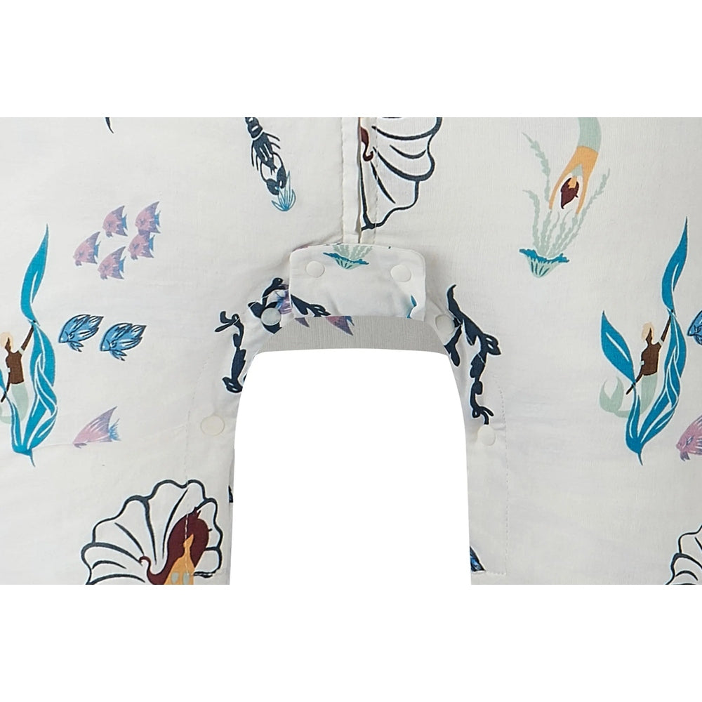 Nest Designs Raglan Bamboo Pima short-sleeve footed sleep bag Splish Splash; white with aqua prints, shoulder snaps fasten.