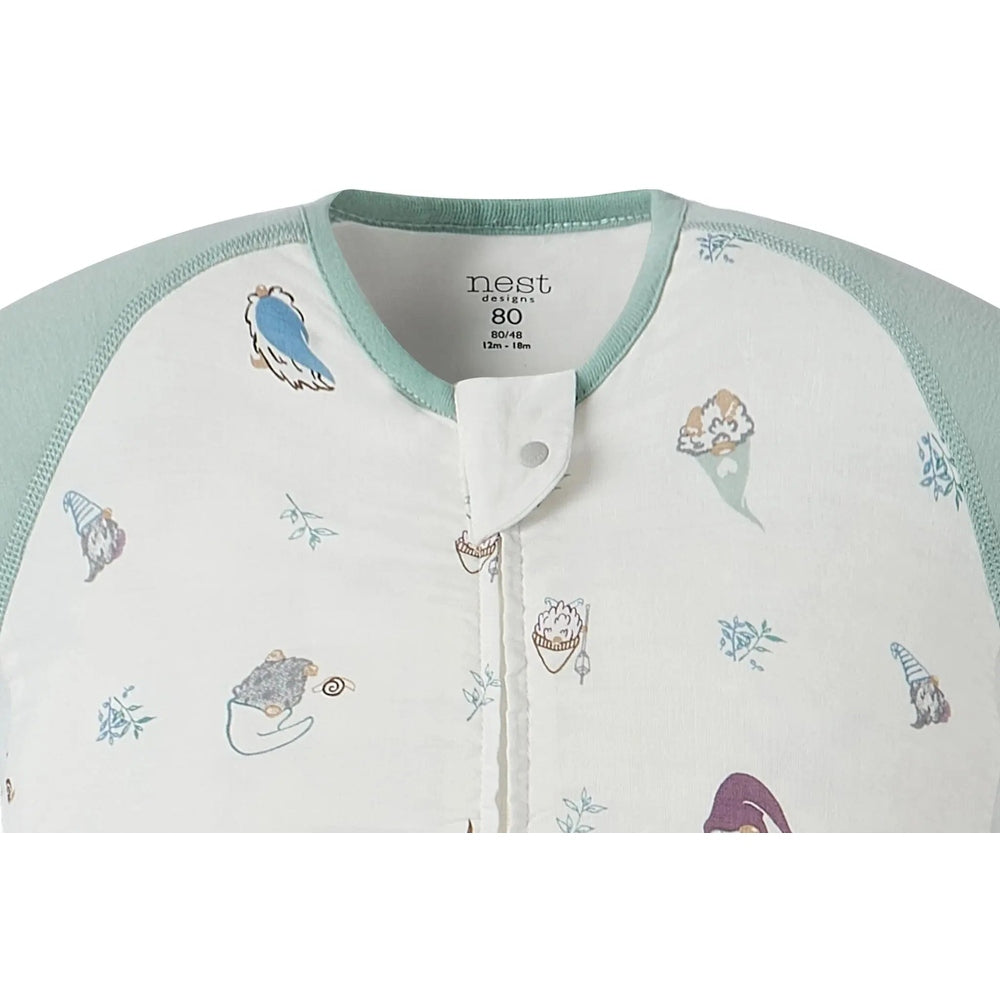Nest Designs Raglan Bamboo Pima Short Sleeve Footed Sleep Bag 0.6 Tog, white with mint sleeves, Oh Gnome print; front snap fastened.