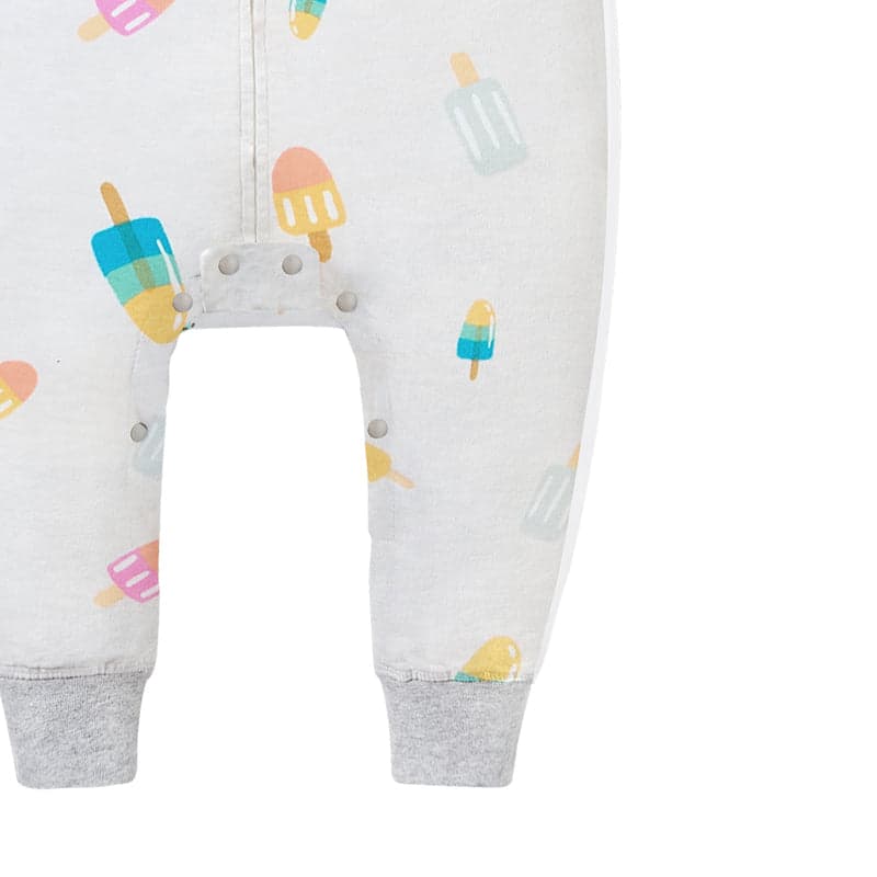 Nest Designs Raglan Bamboo Pima Short Sleeve Footed Sleep Bag 0.6 Tog Summer Pops, grey with popsicle print and leg snaps.