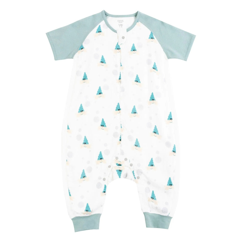 Nest Designs Raglan Bamboo Pima Sleep Suit 0.6 tog, teal sleeves, white body with blue tree print, laid flat.