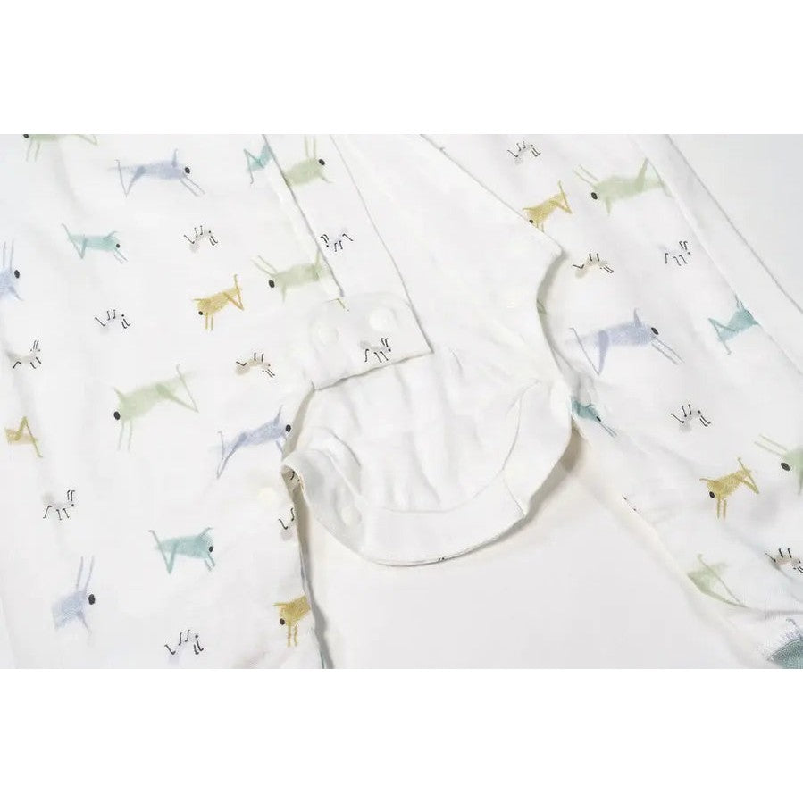 Nest Designs Raglan Bamboo Pima Sleep Suit in white with pastel ant and grasshopper print, front snap opening.