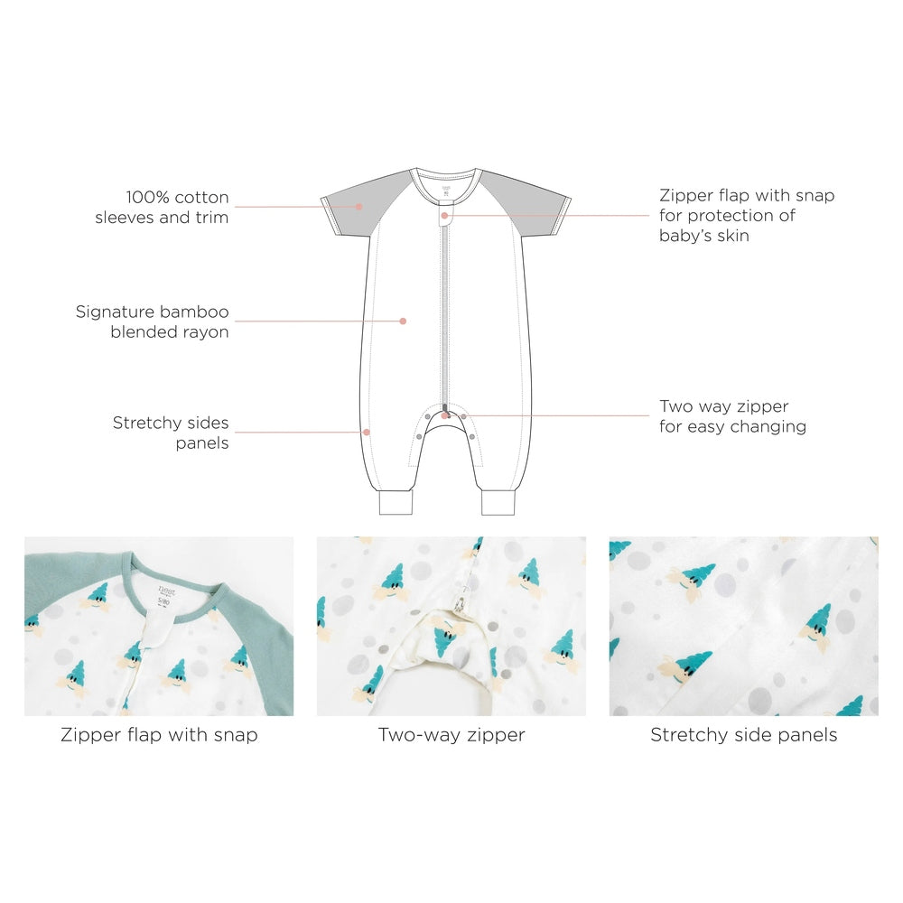 Nest Designs Raglan Bamboo-Pima Short-Sleeve Sleep Suit 0.6 Tog with teal sleeves; zipper flap protects baby’s skin.