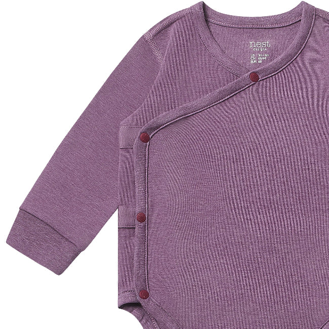 Nest Designs purple Tanboocel long-sleeve kimono baby onesie with wrap-front snaps