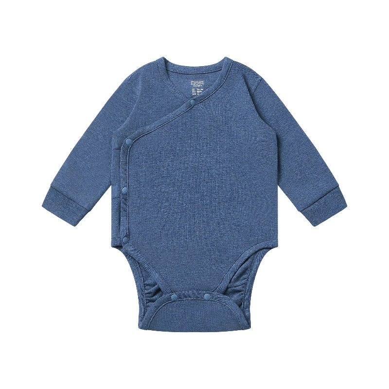 Nest Designs Tanboocel long-sleeve kimono onesie in vintage indigo blue with side and bottom snaps
