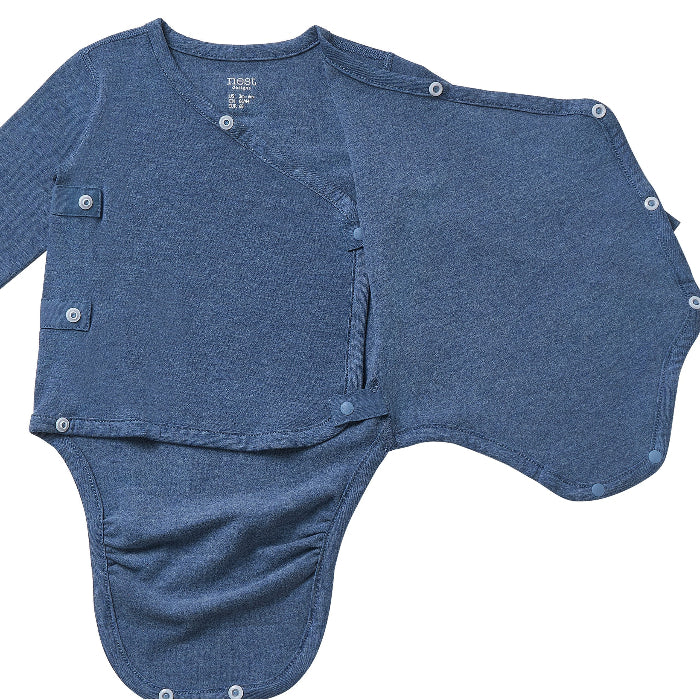 Nest Designs Tanboocel kimono onesie for baby, vintage indigo denim with snap closures
