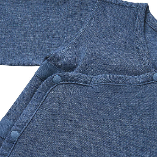 Nest Designs Tanboocel long-sleeve kimono onesie in vintage indigo denim with snap closures