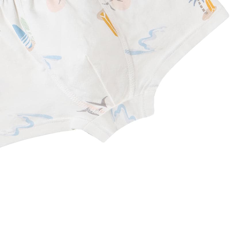 Nest Designs Bamboo Boys Boxer Briefs Underwear Surf Camp 2-pack white with pastel print, shown folded at the waistband
