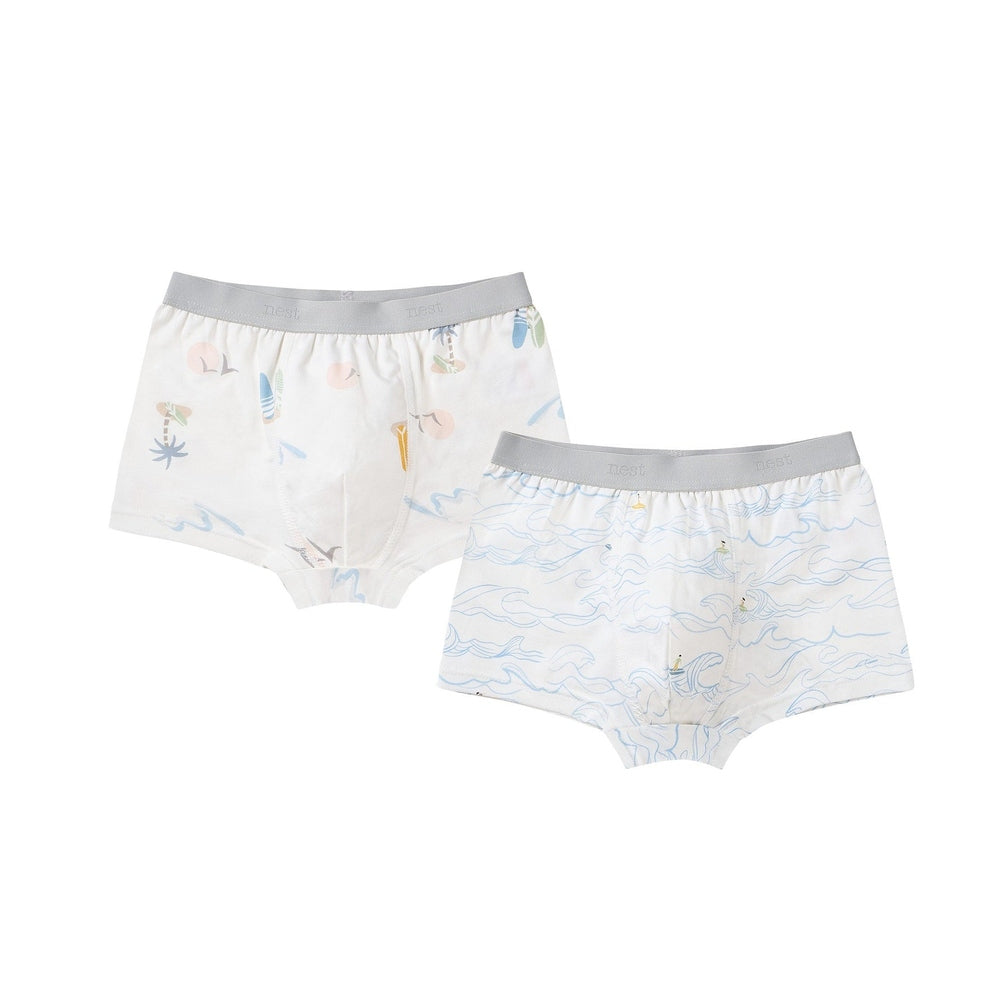Nest Designs Bamboo Boys Boxer Briefs (2 Pack) Surf Camp: white briefs with light blue waves and gray waistband, two on display