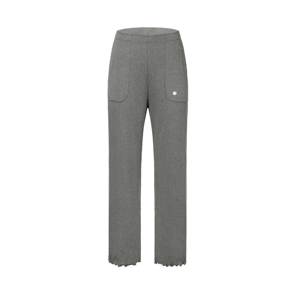 Gray rib-knit wide-leg pants with front patch pockets and frayed hems.