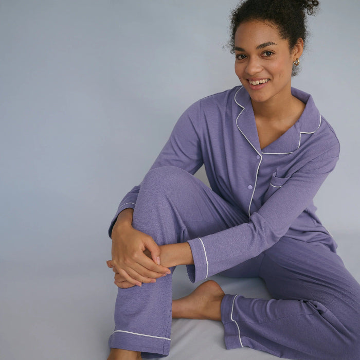 Nest Designs 2-piece Twilight Purple Tanboocel pajama set with white piping, long-sleeve top and pants