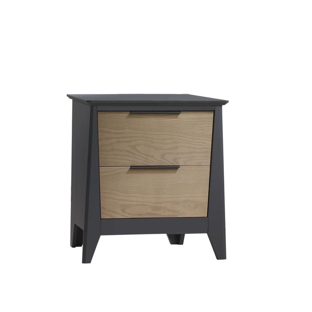 Nest Flexx Premium Nightstand, dark gray frame with natural wood drawers; two-drawer unit with sleek handles.