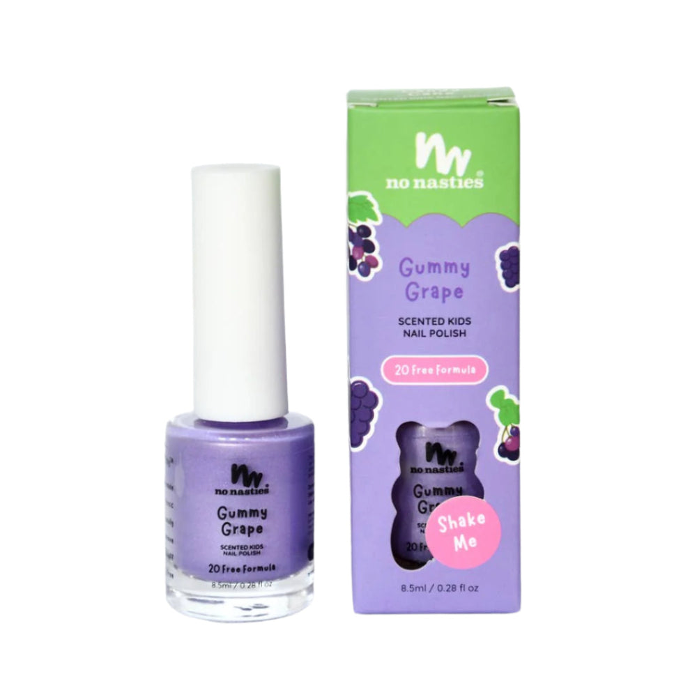 No Nasties Kids Gummy Grape water-based nail polish bottle and box, purple, 20-free formula