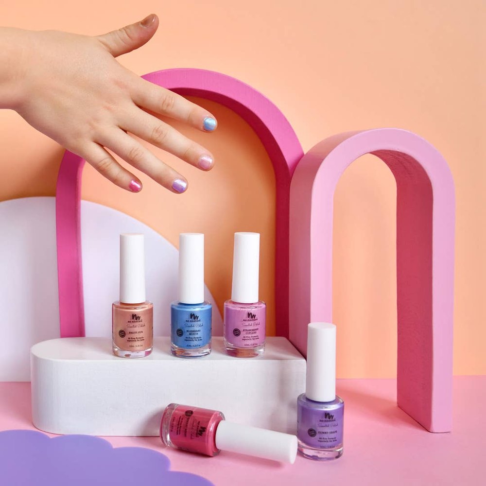 No Nasties Kids water-based scented scratch-off nail polish set with 5 bottles in pink, blue, purple.