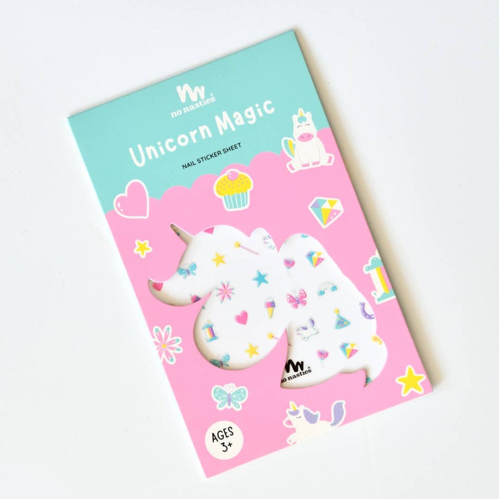 No Nasties Kids Unicorn Magic nail sticker sheet in pink and teal packaging