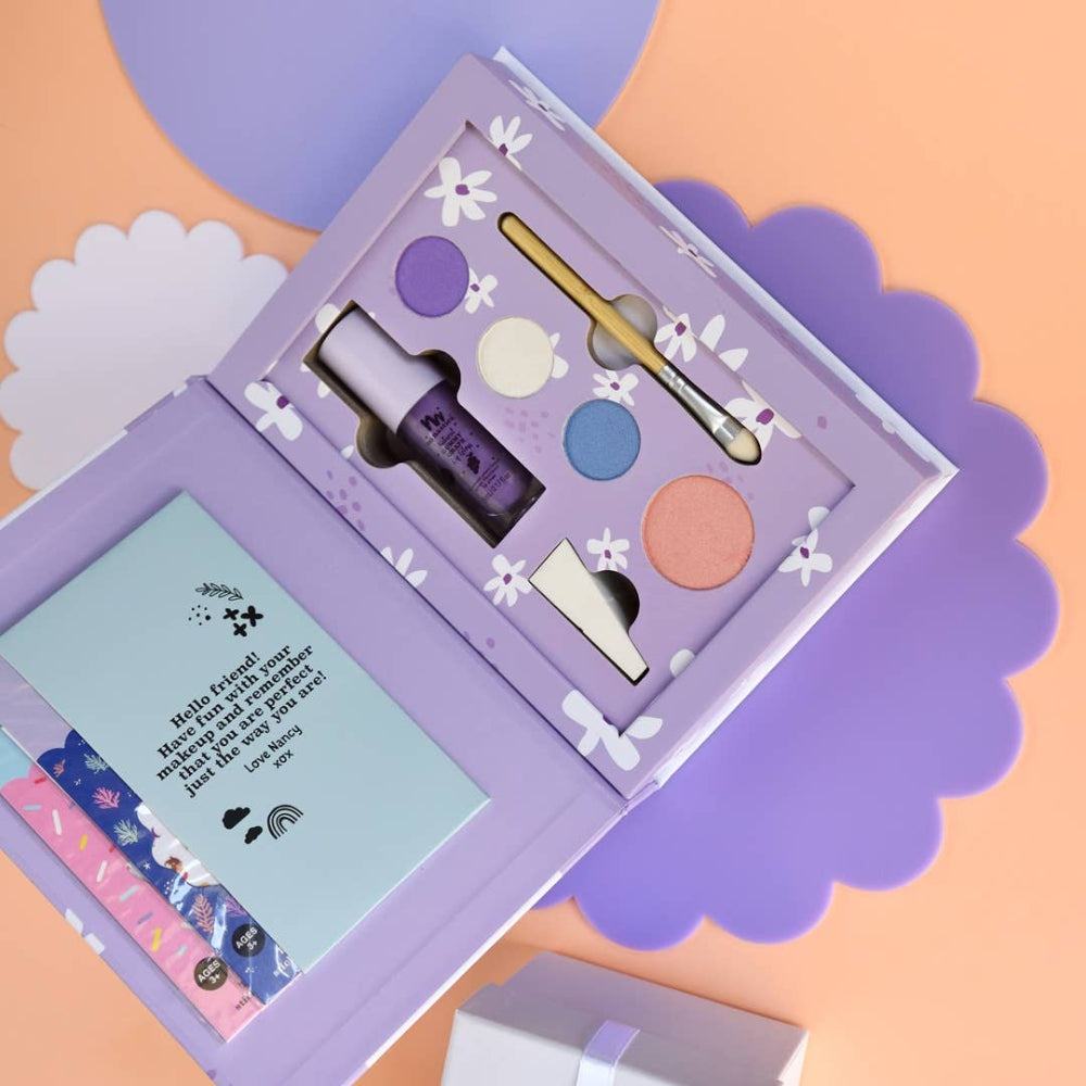 No Nasties Kids Nancy purple pressed powder makeup palette kit with brush and assorted shades