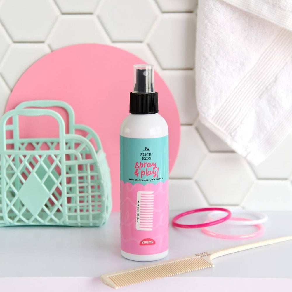 No Nasties Kids lavender and lime alcohol-free hair spray, 200 ml bottle with spray top