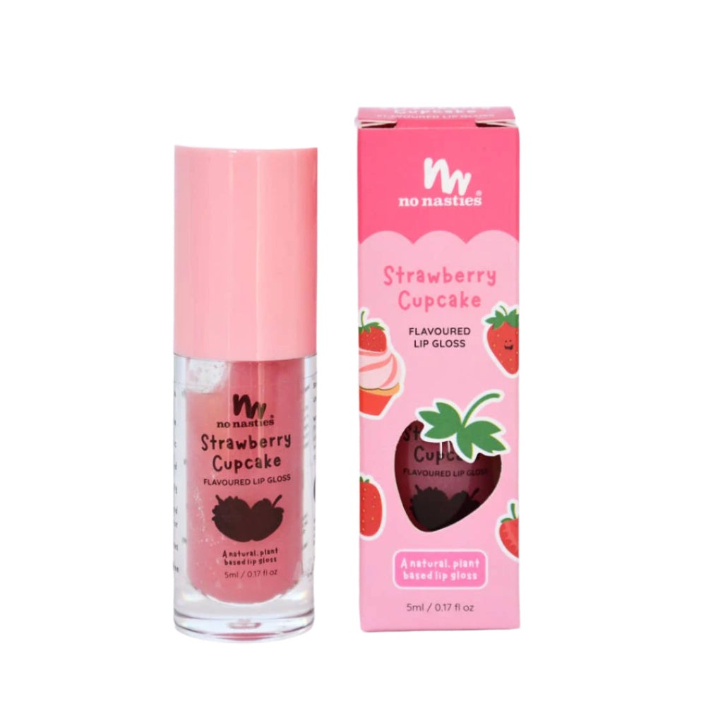 No Nasties Kids Strawberry Cupcake lip gloss set, pink bottle and pink box, 5ml