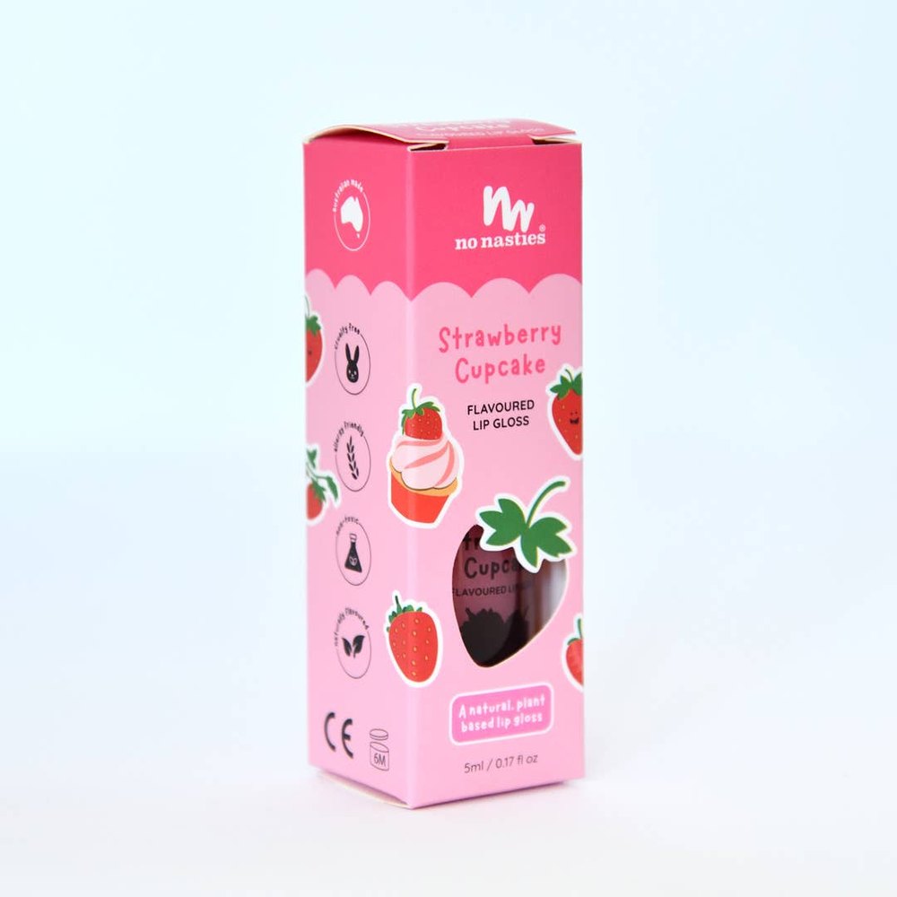 No Nasties Kids Natural Lip Gloss Set in pink packaging with strawberry illustrations