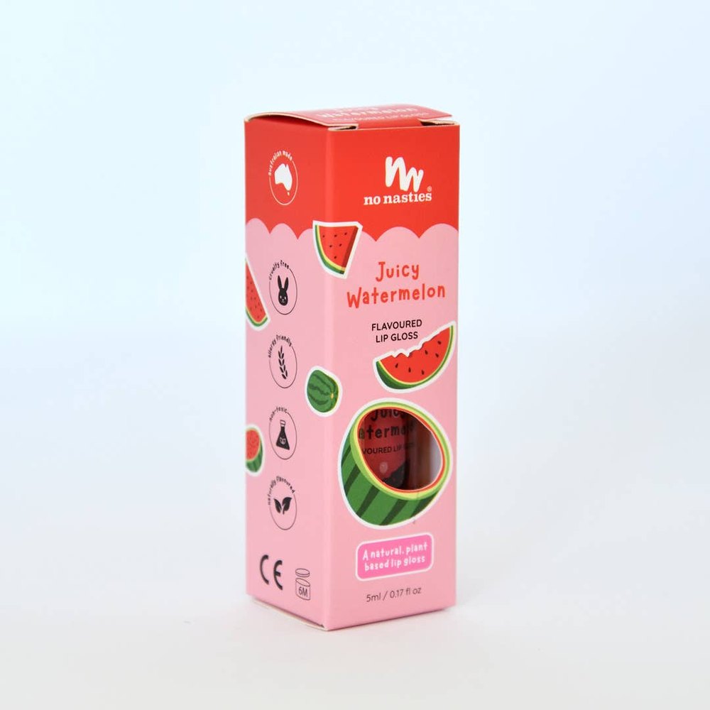 No Nasties Kids natural lip gloss set; watermelon-flavored, 5ml tubes in pink packaging with fruit graphics