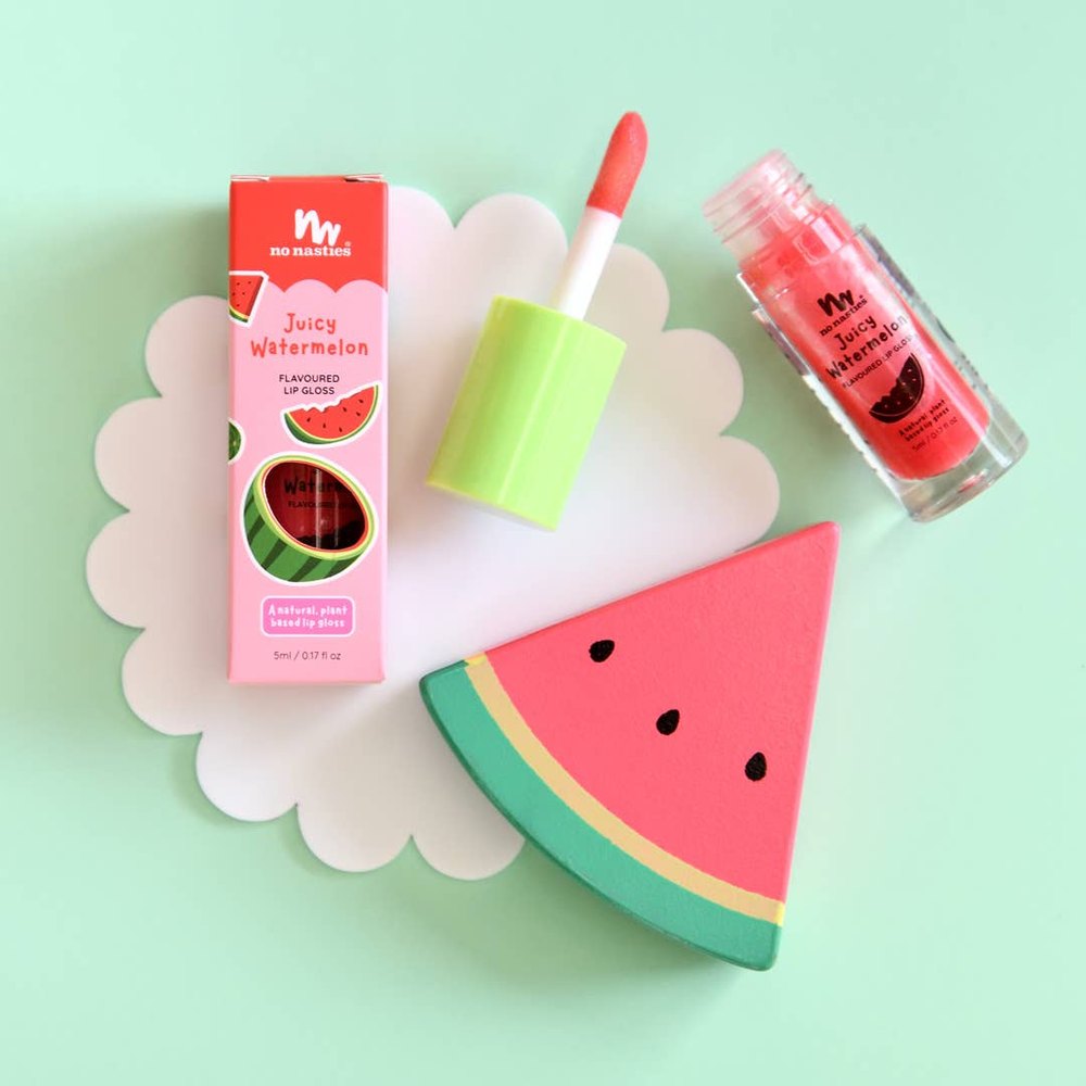 No Nasties Kids lip gloss set Juicy Watermelon; pink box, lime-green cap, watermelon-themed packaging