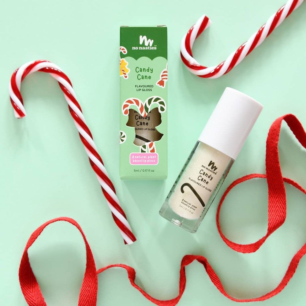 No Nasties Kids lip gloss set, 2 natural candy cane flavored glosses in green packaging