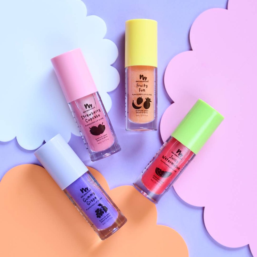 No Nasties Kids Lip Gloss Set, 5 fruity flavors with pastel caps (pink, yellow, green, purple, blue)
