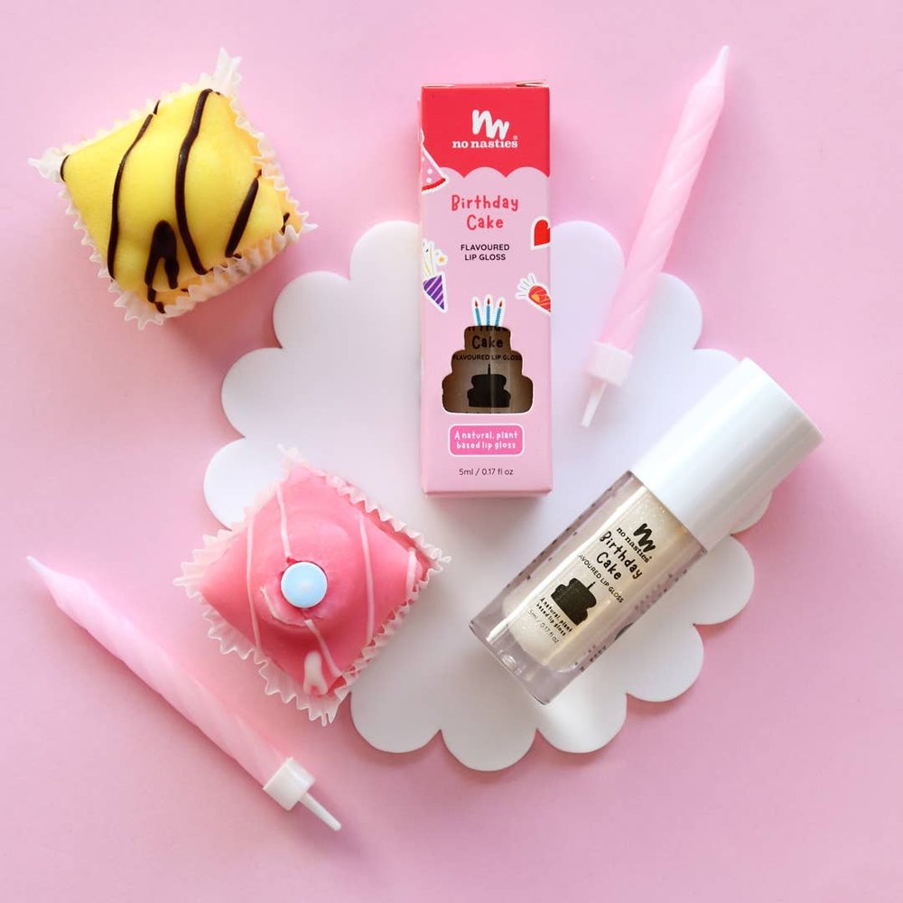 No Nasties Kids Natural Lip Gloss Set with pink birthday cake packaging and a clear gloss bottle
