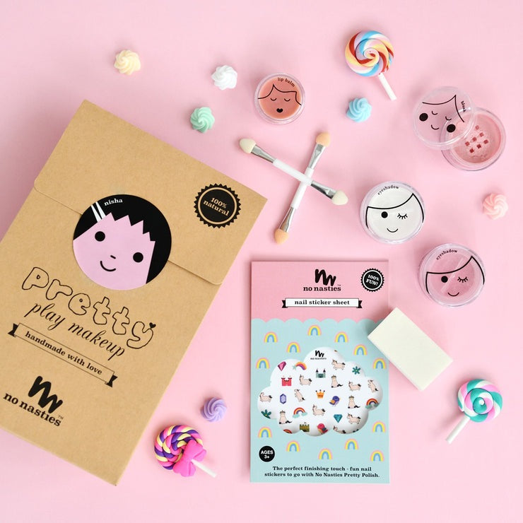 No Nasties Nisha pink natural mica base kids play makeup goody pack with two brushes in pastel packaging