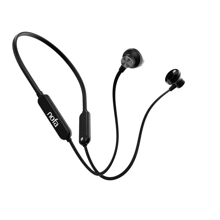 Nofa X1 IPX5 waterproof wireless sport earphones by BABY ENROUTE, worn around the neck with the earbuds in place.