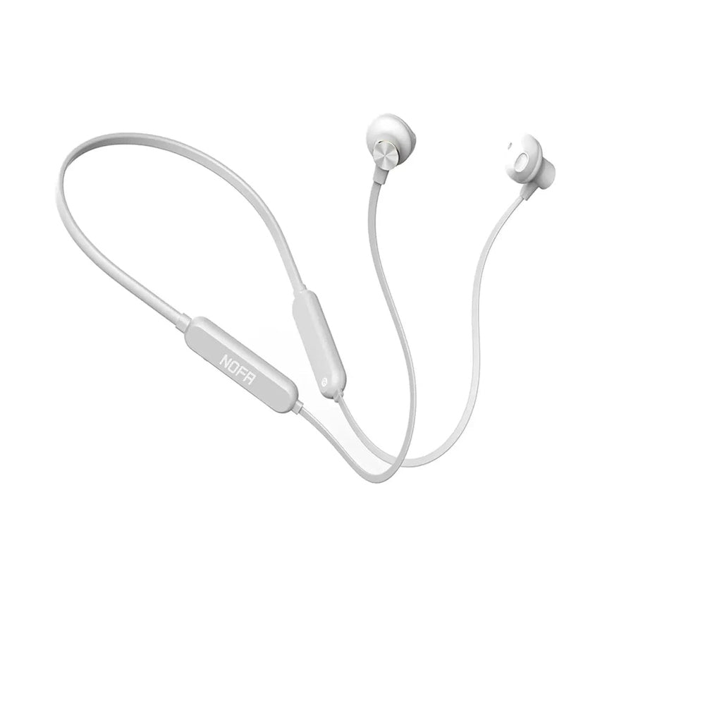 Nofa X1 IPX5 waterproof wireless sport earphones, white neckband with inline control proving water resistance, Baby EnRoute
