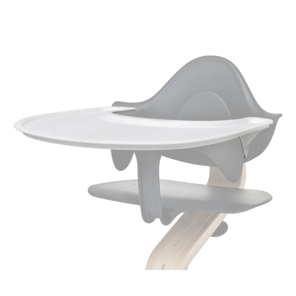 NOMI Tray by Evomove attached to the gray NOMI high chair, showing a white removable feeding tray in use.