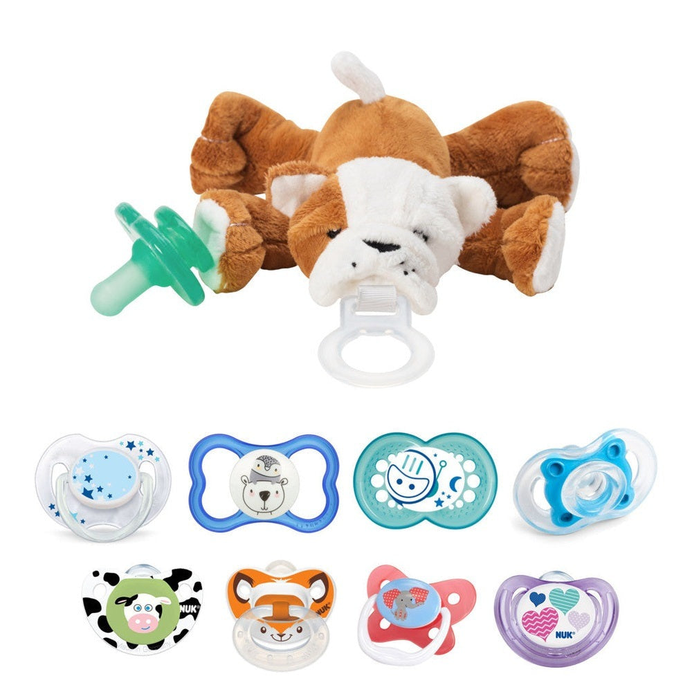 NOOKUMS Paci-Plushies Barkley Bulldog Shakies plush bulldog with clip-on pacifier, shown with eight colorful designs.