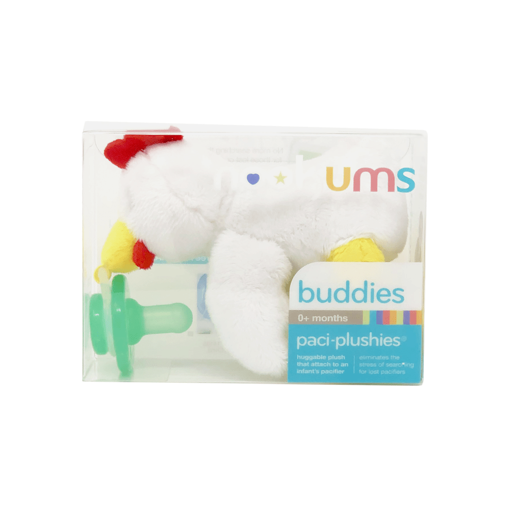 Nookums Paci-Plushies Buddies Chick plush pacifier set in clear box with green pacifier