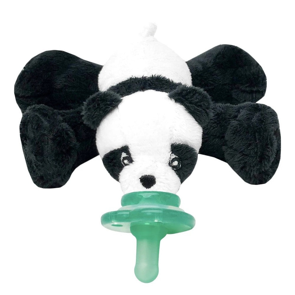 Nookums Paisley Panda Paci-Plushies pacifier with plush panda head and mint-green handle