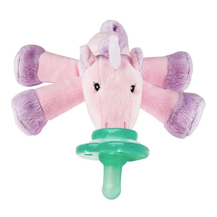 Nookums Unity Unicorn pacifier with pink plush unicorn head, purple accents and green shield