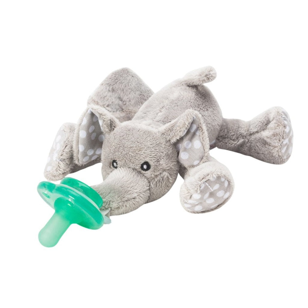 Nookums Paci-Plushies Ella Elephant Buddies plush with a green pacifier tucked into its trunk.