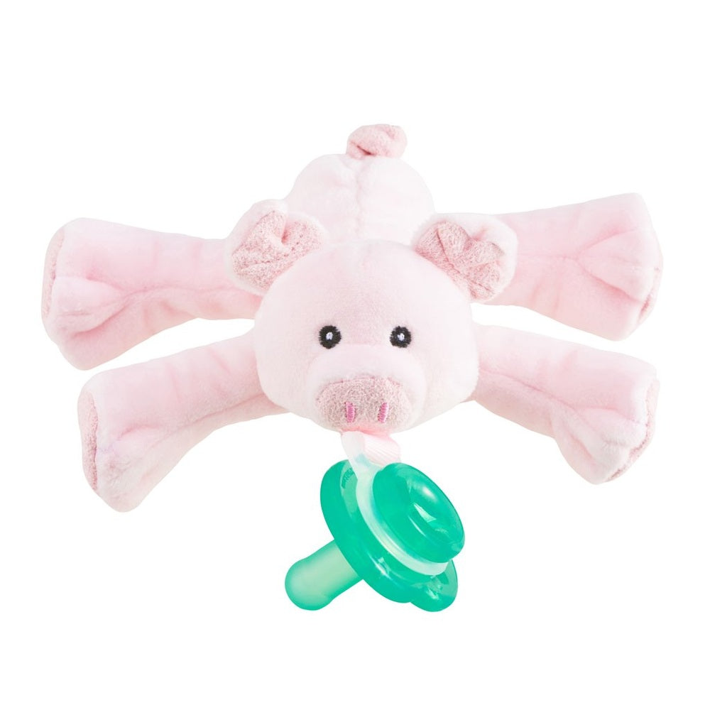 Nookums Paci-Plushies Pig Shakies plush pig with mint-green pacifier attached in its mouth for soothing baby