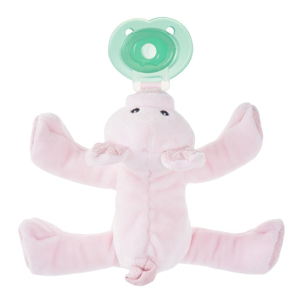 Nookums Paci-Plushies Pig Shakies pink plush baby security toy with a green pacifier clip attached to top.