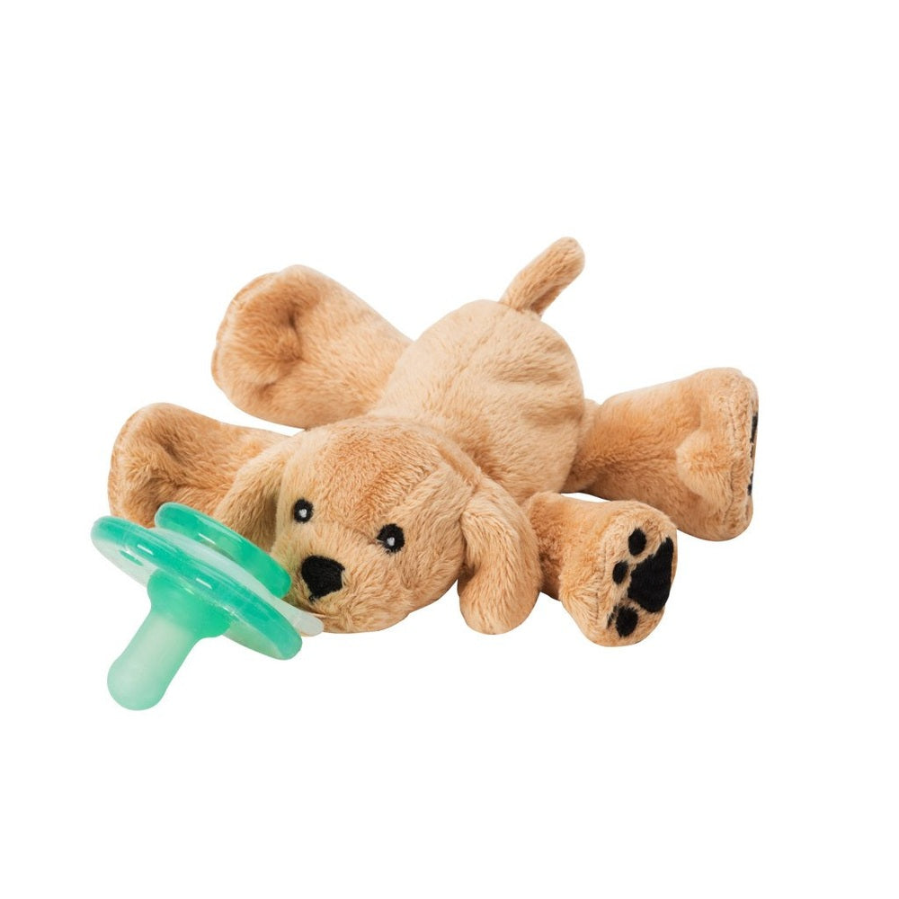 Nookums Paci-Plushies Rufus Puppy Buddies plush with mint-green pacifier resting beside the cuddly tan puppy.